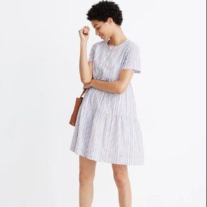 Madewell Size Large Striped Crewneck Button-Front Tiered Mini Dress
